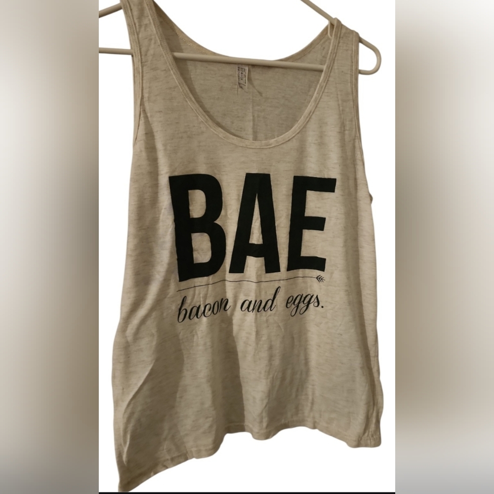 White Tank Top with Black 'BAE' BACON AND EGGS Print